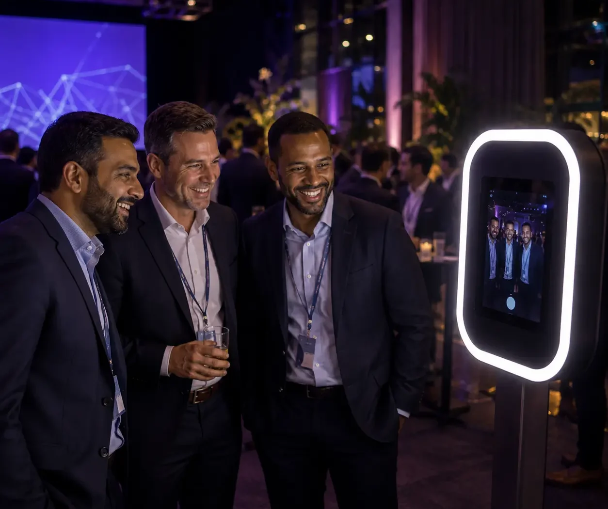 Group of event attendees using a selfie photobooth